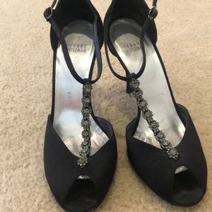 Stuart Weitzman Black Satin Peeptoe T strap